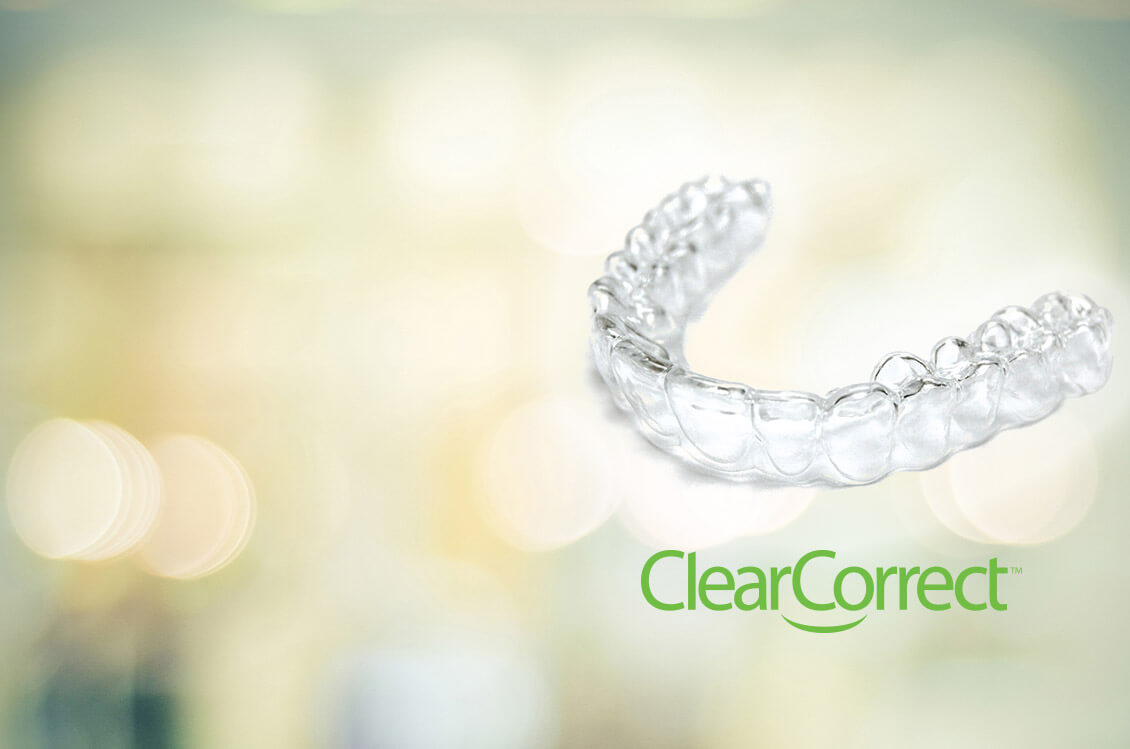 Clear aligner tray above ClearCorrect logo